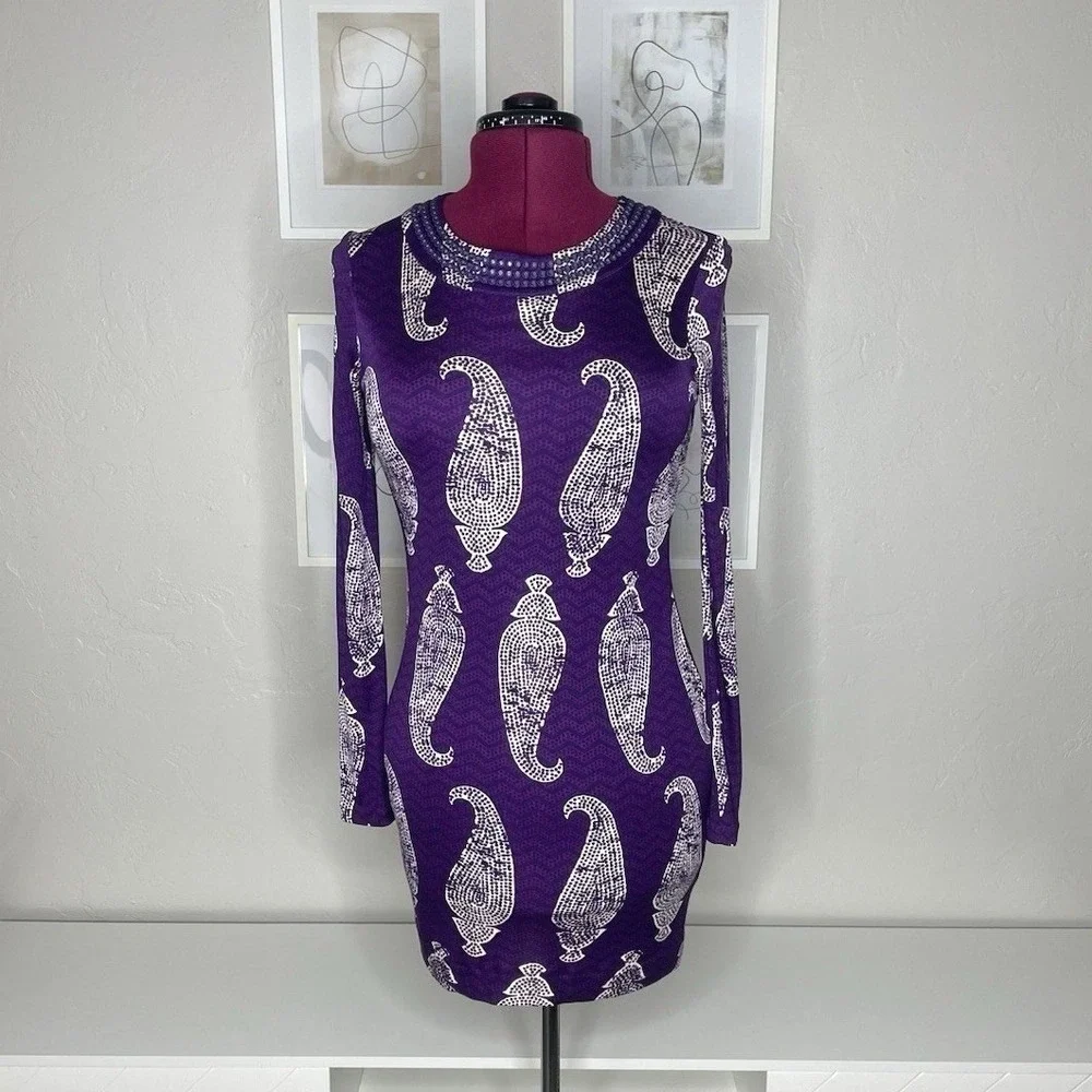 Tory Burch Silk‎ Paisley Mini Dress Womens Small Purple Embellished Long Sleeve